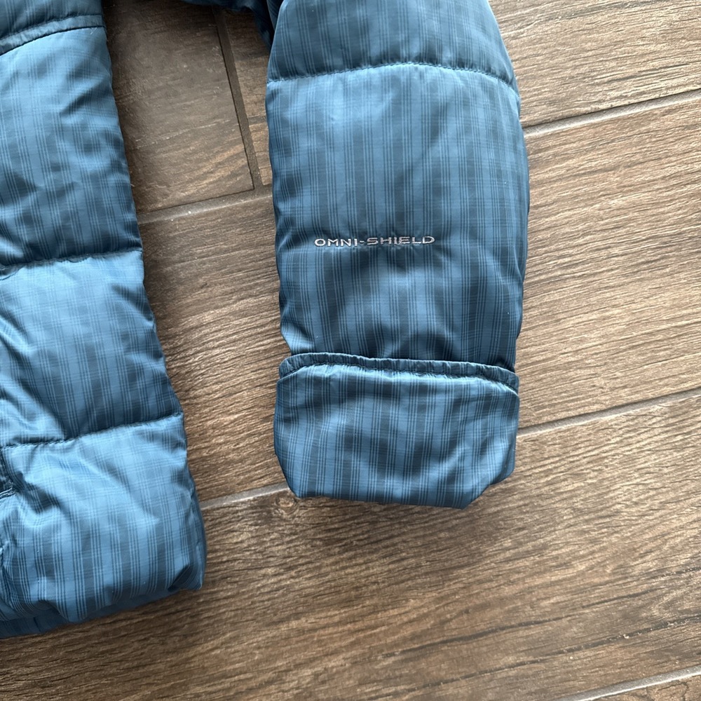 Columbia Down Puffer Jacket Women Medium Omni Shield Blue Hooded Faux Fur Trim - Picture 4 of 15